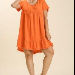 Vibrant Orange Ruffle Trim Dress Frayed Edges UMGEE NWT